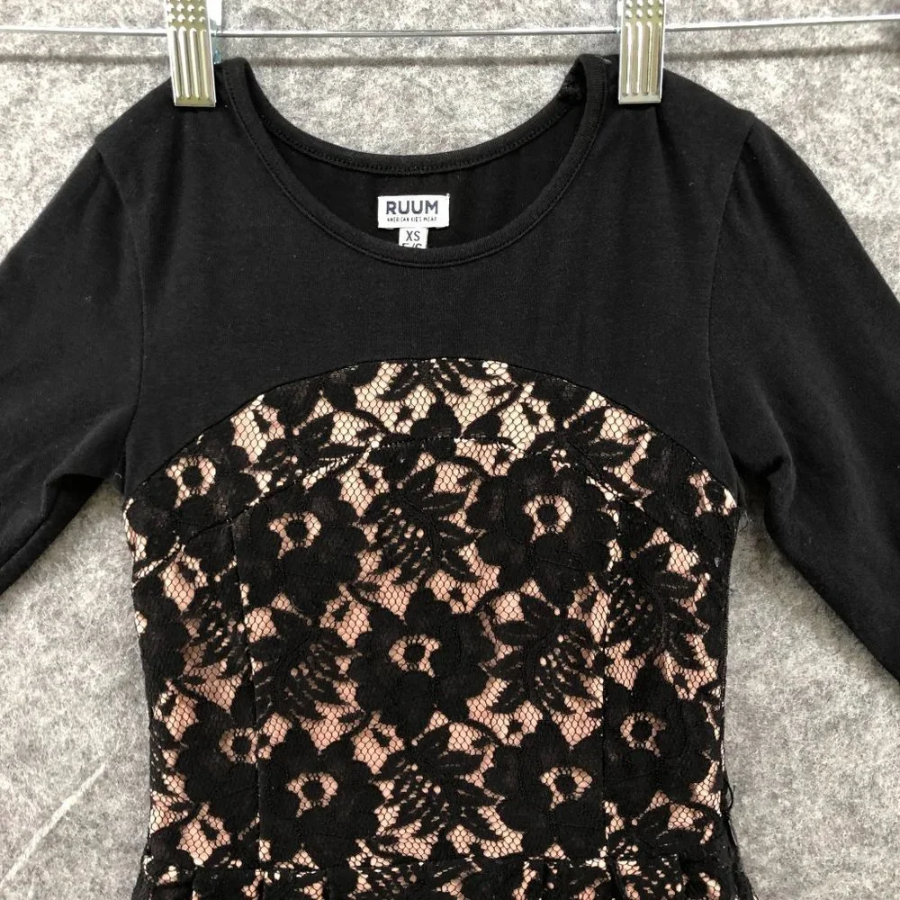 RUUM Kids Girls XS 5/6 Party Dress Lace Layer Black Beige Long Sleeve‎ Fit Flare